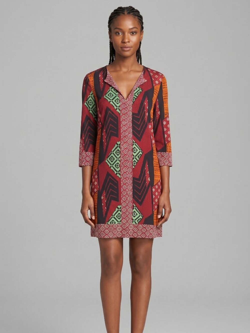Diane von Furstenberg DVF Patchwork Geometric V-Neck Silk Jersey Shift Dress